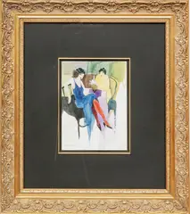 Itzchak Isaac Tarkay, Untitled, Watercolor on Paper Two Ladys Blue And Yellow