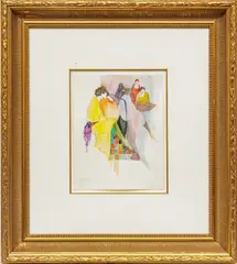 Itzchak Isaac Tarkay, Untitled, Watercolor on Paper, Lady in Yellow with Four Other Seated Figures
