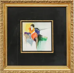 Itzchak Isaac Tarkay, Untitled, Watercolor on Paper Lady Seated Wearing Orange And Red