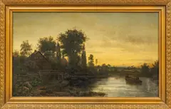Untitled by Henri Harpignies, Oil on Canvas, "Landscape with Old Mill, Fishermen", offered Oct 2023