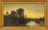 Henri Harpignies, Untitled, Oil on Canvas, "Landscape with Old Mill, Fishermen"