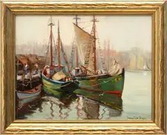 Ernest de Nagy, Untitled, Oil on Artist Board, 1940, "Sail Boats at Dock, Ogunquit, ME."