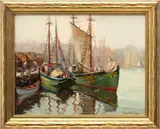 Ernest de Nagy, Untitled, Oil on Artist Board, 1940, "Sail Boats at Dock, Ogunquit, ME."