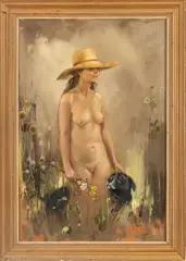 Untitled by Thomas W. Quinn, Oil on Board Ca. 20th Century, "Nude with Black Labrador", offered Oct 2023