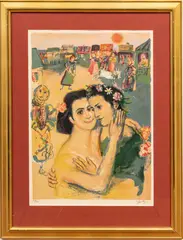 Walter Spitzer, Untitled, Lithograph in Colors on Paper, "Couple with a Goat"