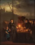 Petrus van Schendel, Untitled, Oil On Cradled Mahogany Panel, Fruit Vendor By Candlelight