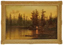 John Hammerstad, Untitled, Oil On Canvas, 19th C., Riverside Encampment In The Early Evening