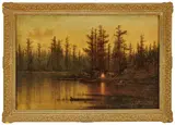 John Hammerstad, Untitled, Oil On Canvas, 19th C., Riverside Encampment In The Early Evening