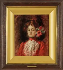 Percy Ives, Untitled, Oil On Beveled Mahogany Panel, Ca. 1899, Lady In Red
