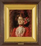 Percy Ives, Untitled, Oil On Beveled Mahogany Panel, Ca. 1899, Lady In Red
