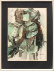 Gene Szafran, Untitled, Watercolor And Gilt On Paper, 1959, Seated Woman