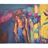 Nicola Simbari, Afternoon in Ischia, Oil on Canvas. Unframed. Depicting a topless female in a colorful tropical landscape