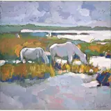 Nicola Simbari, Chavaux de Chamarque, Oil on Paper Mounted to Canvas. Unframed. Depicting two (2) grazing horses at waters edge