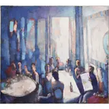 Nicola Simbari, Cafe de Paris, Oil on Canvas. Unframed. Depicting an interior scene of dinners at two tables with menus