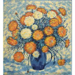 Francisco Narváez, Crisantemos, Oil on Canvas Still Life of Flowers