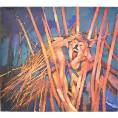 Wolf by Nicola Simbari, Oil on Canvas. Unframed. Depicting a howling wolf peering between branches, offered Sep 2026