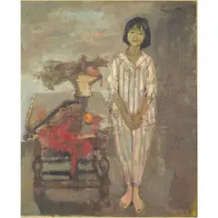 Francois Adnet, Francois Adnet, French ( 1924-2014) "Portrait of a Young Girl in Pajamas", Oil on Canvas