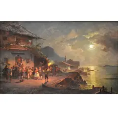 Franz Richard Unterberger, Seaside Village, Oil on Canvas