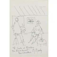 Marcel Mouly, Untitled, Ink on Paper Sketch of a Painter and Female Nude Model with Dedication