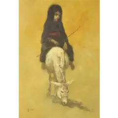 William Weintraub, Young Girl on Donkey, Oil on Canvas Depicting a Young Girl with a Crop Riding on a Donkey