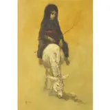 William Weintraub, Young Girl on Donkey, Oil on Canvas Depicting a Young Girl with a Crop Riding on a Donkey