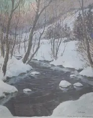Hans Kleiber, Winter Evening on Little Tongue River, watercolor