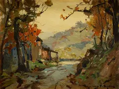 Chauncey Ryder, Red Barns and Lowell (illegible), oil on board