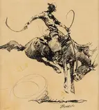 Edward Borein, Bronc Rider, pen and ink in handmade closed-corner gold leaf