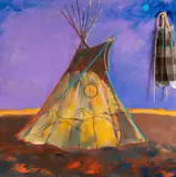 George E. Flett, Tipi, oil on canvas, gallery wrapped, accented with feathers