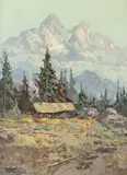 Cabin in the Tetons by Fred Oldfield, oil on canvas, offered Mar 2026