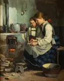 Lajos Markos, In the Kitchen, oil on canvas
