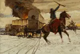 Burning the Supply Train by David Blossom, oil on canvas, offered Mar 2026