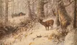 John Fery, Cabin and Deer, oil on canvasboard