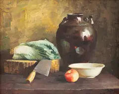 Jie Wei Zhou, Still life - Lettuce and Apples, oil on canvas