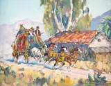 Marjorie Reed, Arrival of the Overland Stage in Old Los Angeles, oil on board