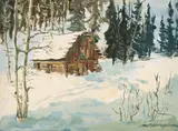 Mel Fillerup, Winter Cabin, oil on board