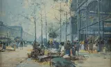 Eugène Galien-Laloue, Les Halles de Paris, Animees, gouache