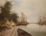 Eugène Galien-Laloue, Peniche en Board de Riviere, oil on canvas