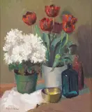 Tulips by Margaret Vollmer, oil on board, offered Mar 2025