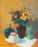 Flowers and Green Vase by Margaret Vollmer, oil on board, offered Mar 2025