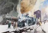 Oleg Stavrowsky, Locomotives in Winter, oil on canvas