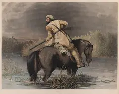 The Trapper's Last Shot by William Ranney, engraving From the original painting distributed by Western Art Union, 1850. Eng, offered Mar 2024