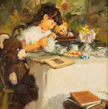 Loren Entz, Tea for Three, oil on canvas