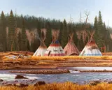 Paul Surber, Blackfoot Camp in Two Medicine River, oil on canvas