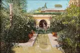 Roger Rossi, A Spanish Garden, oil on canvasboard