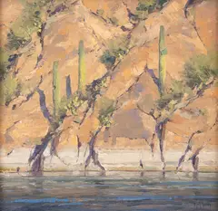 River Cliffs by Matt Smith, oil on linen on board, offered Mar 2024