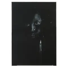 Denny Dent, Miles Davis, white colored, pencil drawing on black crescent board