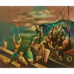 Michael Lenson, Sailors Docking at the Harbor, oil on board