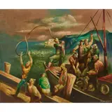 Michael Lenson, Sailors Docking at the Harbor, oil on board