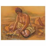 Raúl Anguiano, Lavando el huipil, Pastel y sanguina sobre papel